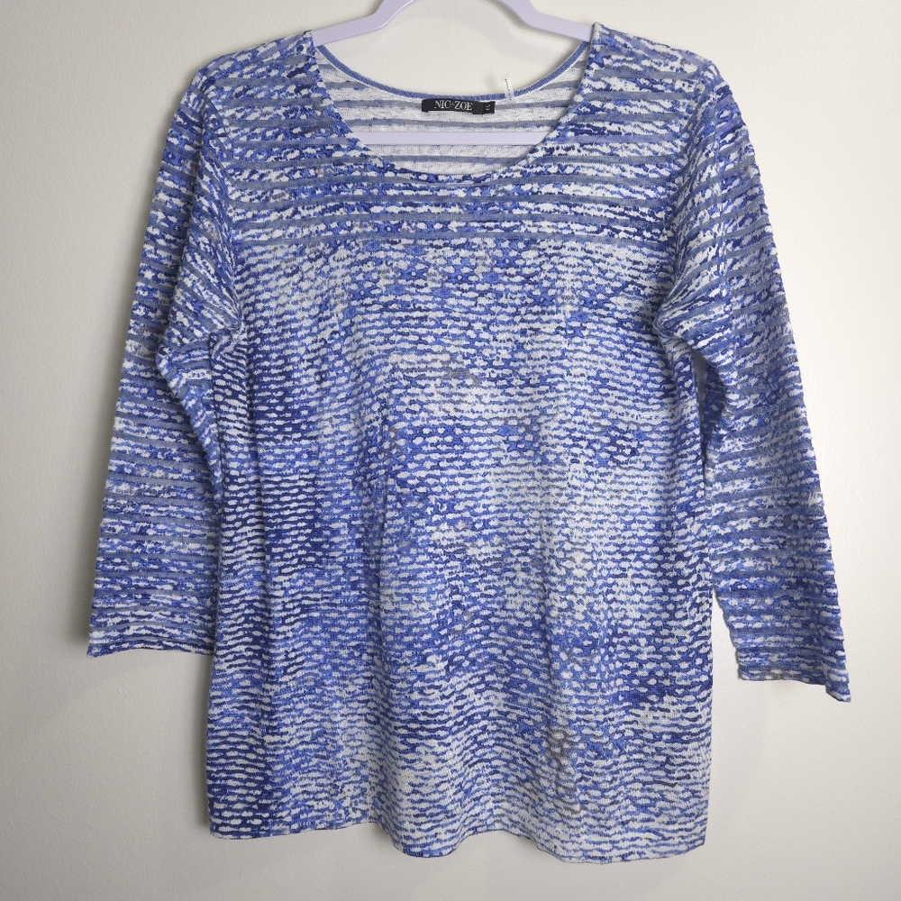 NIC + ZOE Artsy Linen‎ Blend 3/4 Sleeve Blue Top PS